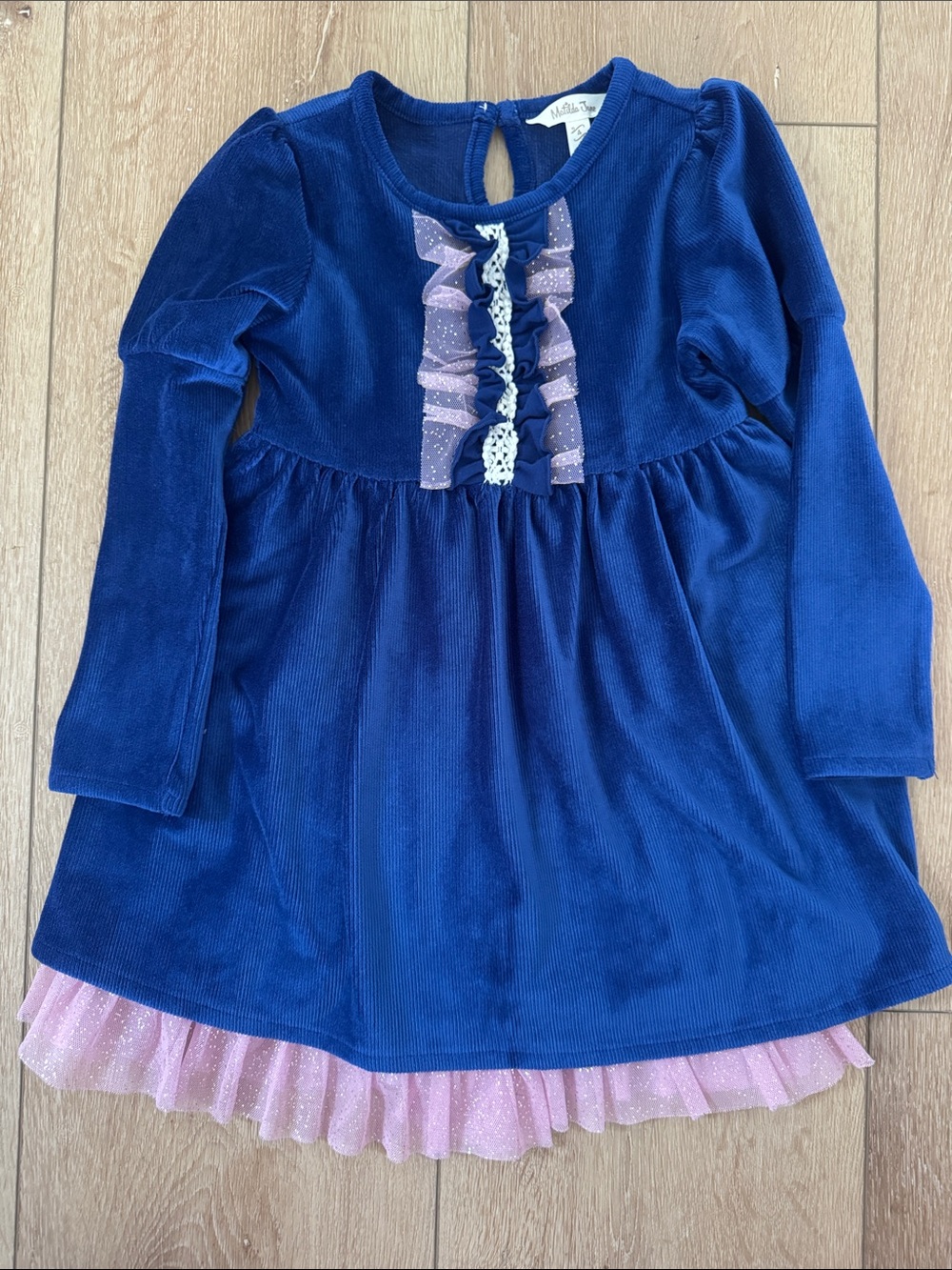 Matilda Jane Navy Blue Velvet Dress with Pink Tulle Trim